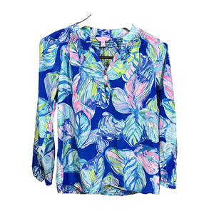 Lilly Pulitzer Elsa Silk Blouse Casa Del Sol Smocked Henley Sz XXS Colorful